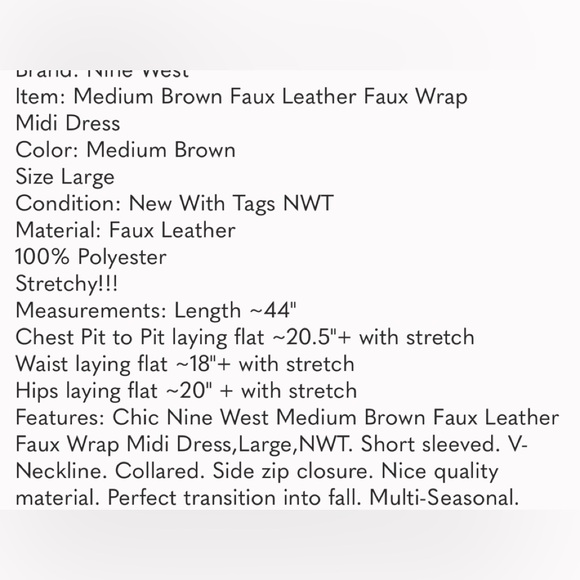 NWT, Nine West Brown Faux Leather Dress, Size Large - Picture 8 of 8